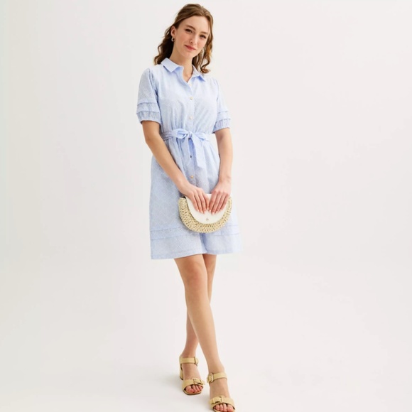 Draper James Eyelet Belted Button Front Cotton Puff Sleeve Dress Size XS - Picture 1 of 10